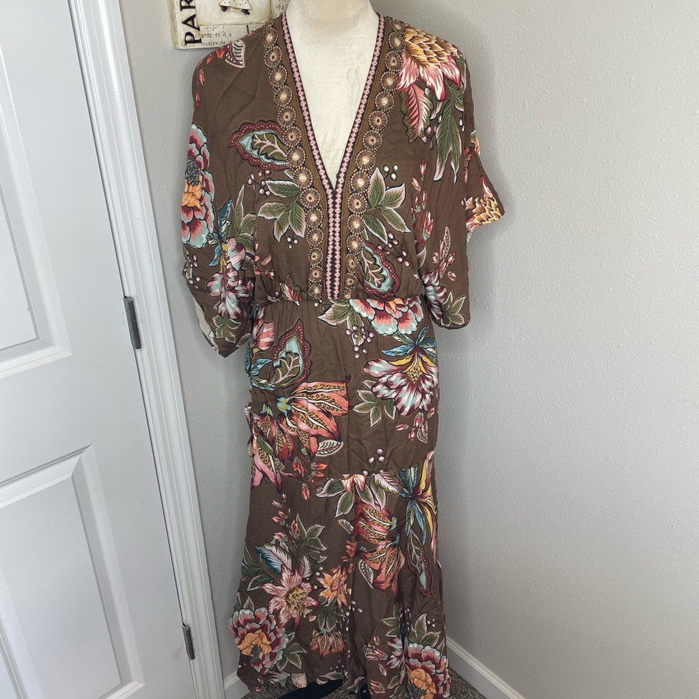 FARM Rio Brown Floral Maxi Dress with Pink & Yellow Accents - Picture 6 of 13